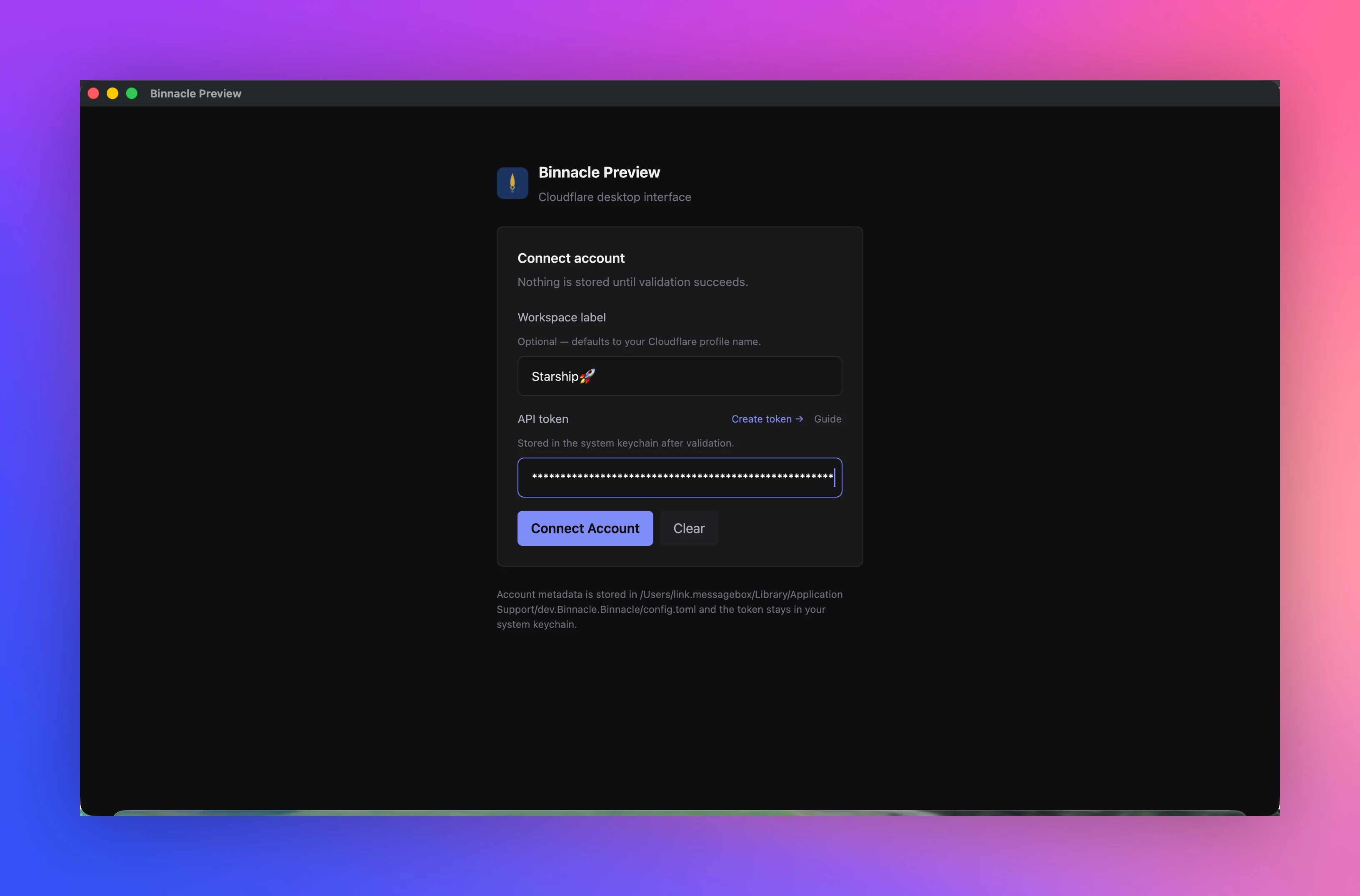 Binnacle account connection screen with workspace label and API token input