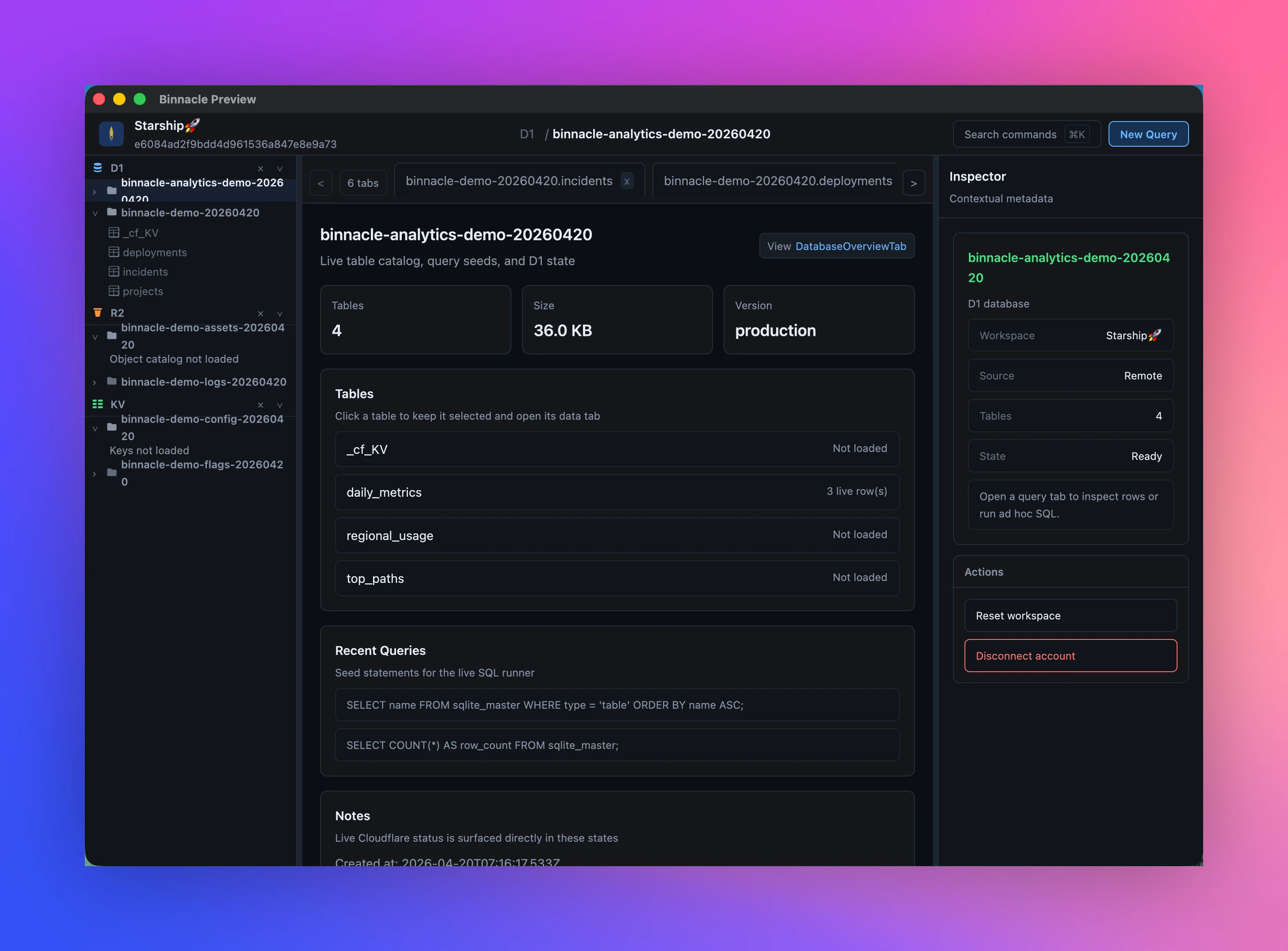 Binnacle workspace with Cloudflare resources, active tables, and inspector details